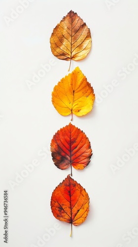 autumn leaves in a row on a white background.