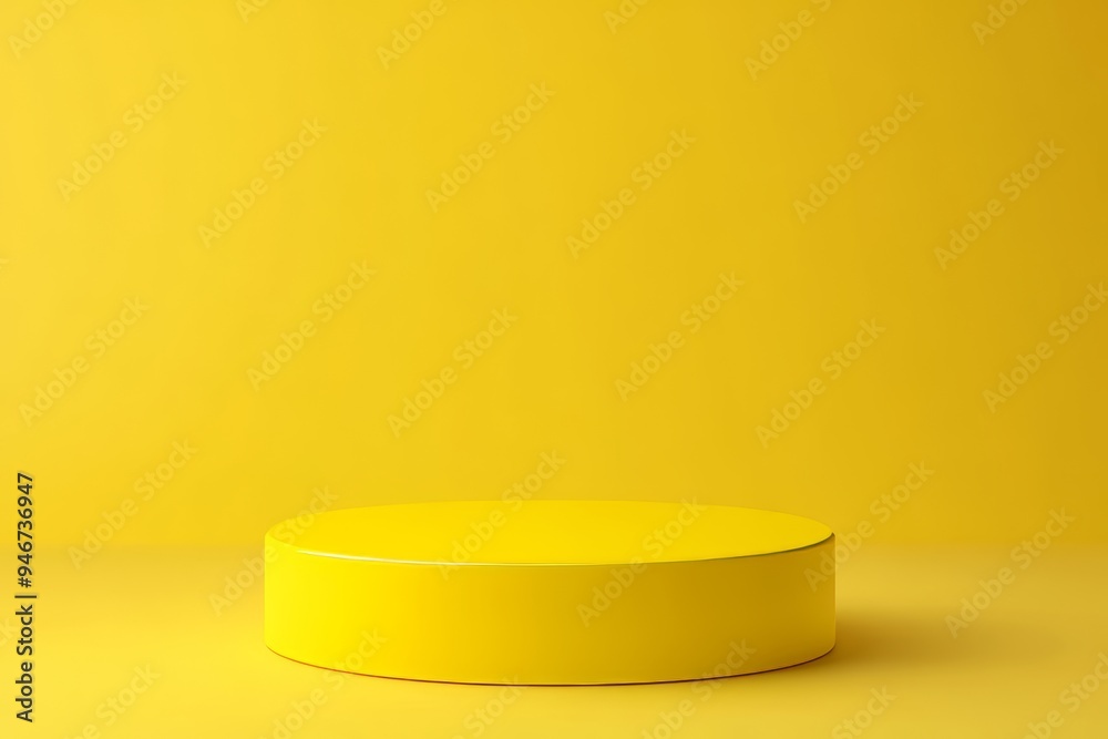 The advertising display features a yellow product background stand or podium pedestal on a blank backdrop. The advertising display features a yellow product background stand or podium pedestal on a blank backdrop.