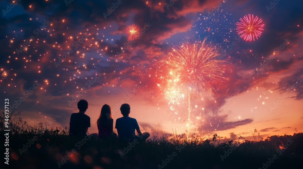 Friends watch fireworks from a hilltop and celebrate the Fourth of July together Friends watch fireworks from a hilltop and celebrate the Fourth of July together