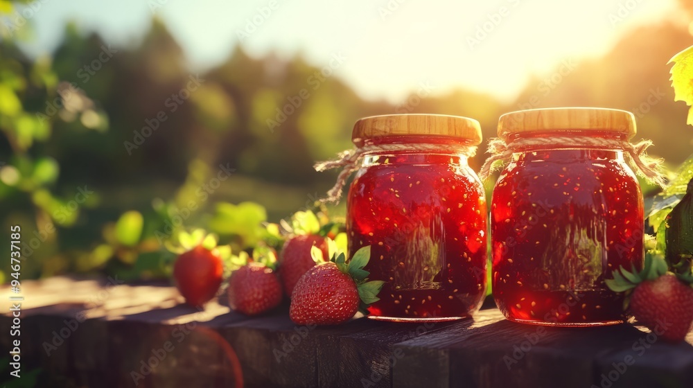 Freshly made strawberry jam jars glowing in the sun for the International Jam Festival Freshly made strawberry jam jars glowing in the sun for the International Jam Festival