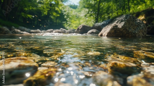 Freshwater stream with water striders skimming the surface and rocks below