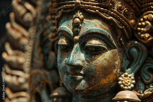 Weathered statue of a hindu god with a golden crown, showing the ancient culture and religion of india