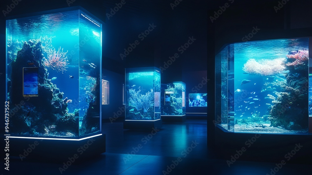 Futuristic aquarium with interactive digital displays Futuristic aquarium with interactive digital displays