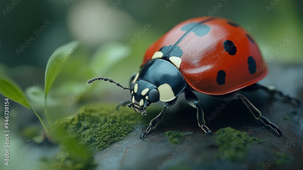 Fototapeta premium High-resolution focus on a shiny ladybug shell with small spots