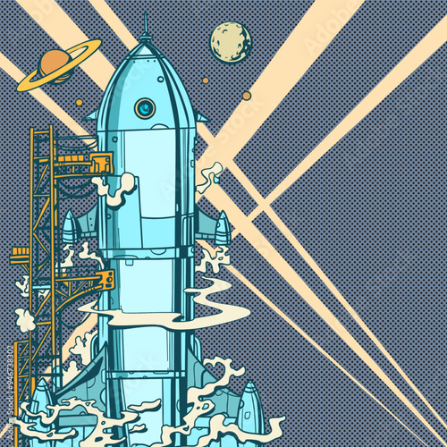 Pop Art Retro A space rocket is preparing for its launch overlooking the galaxy. Exploring space and the universe with the help of technology. Cosmonautics and Science Day.