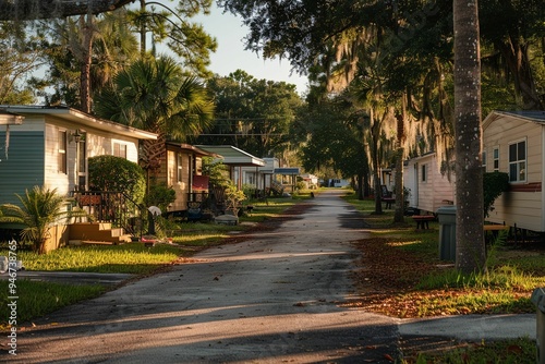Quiet street in Southern mobile home park with Spanish moss draped trees