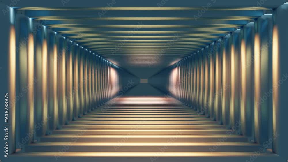 endless camera movement inside a rectangular tunnel made of metallic silver frames with a blue tint. 3d render looped animation