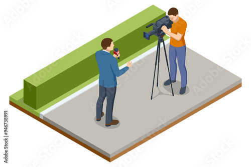 Isometric TV live news show host interview. Journalists, cameramen or videographers. Journalists are filming a television report. Open air press conference.