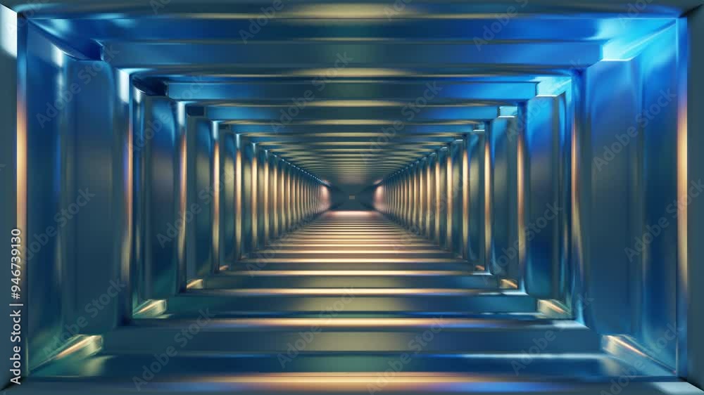endless camera movement inside a rectangular tunnel made of metallic silver frames with a blue tint. 3d render looped animation