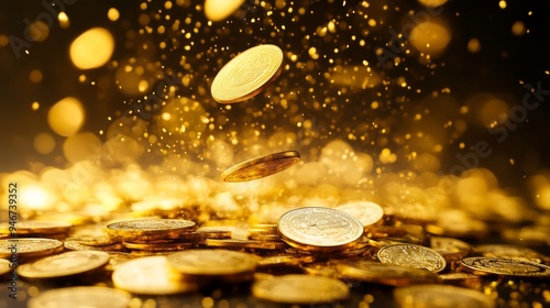 An investment and profit background with falling gold coins.