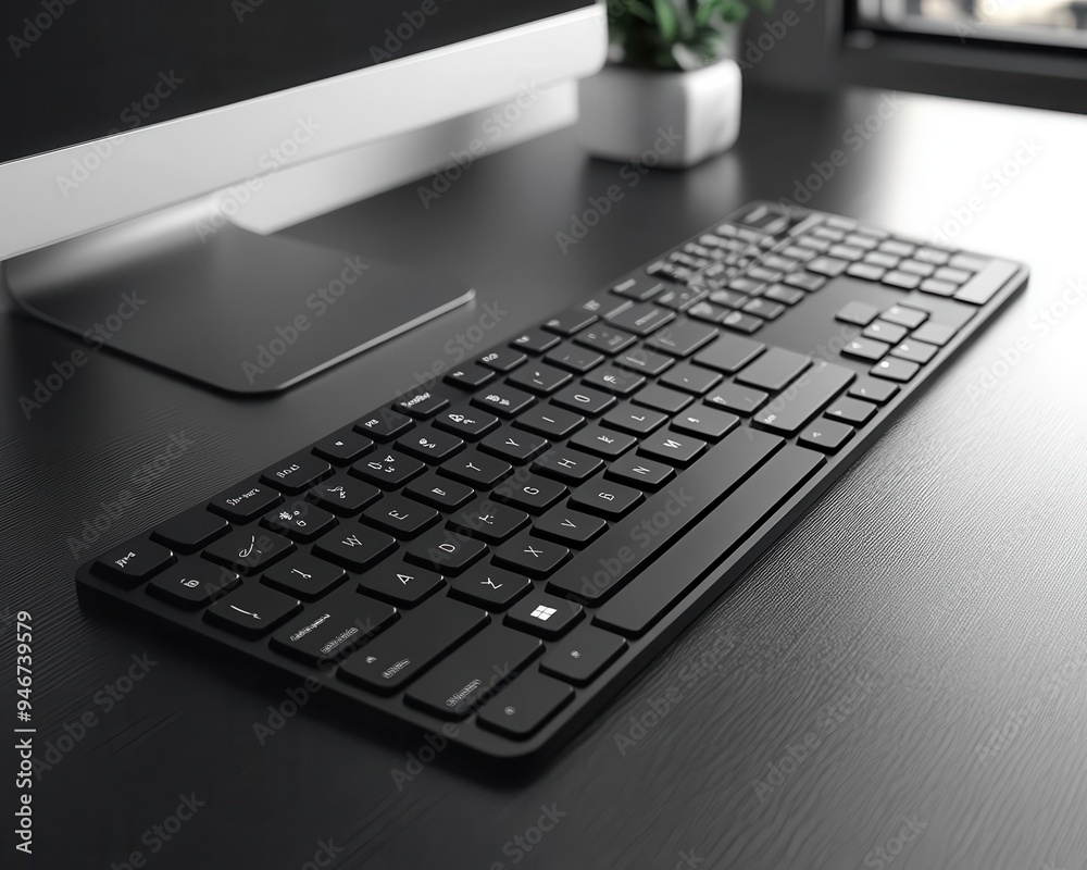 Wireless keyboard on a minimalist desk, with a focus on clean lines Wireless keyboard on a minimalist desk, with a focus on clean lines