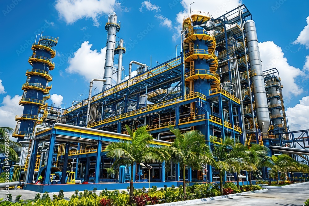 Industrial Plant with Blue and Yellow Structures and Palm Trees Industrial Plant with Blue and Yellow Structures and Palm Trees