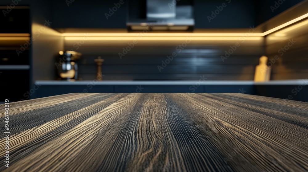 Clean and bright modern kitchen interior with empty beautiful wooden tabletop counters and blurry bokeh. Clean and bright modern kitchen interior with empty beautiful wooden tabletop counters and blurry bokeh.