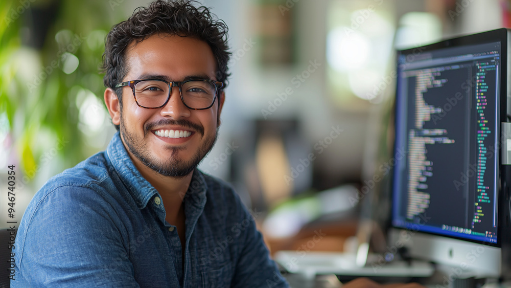 Latino Hispanic Man Software Developer - programmer, developer, coding, computer, office, smiling, glasses, curly hair, casual dress, workspace, technology, monitor, screen Latino Hispanic Man Software Developer - programmer, developer, coding, computer, office, smiling, glasses, curly hair, casual dress, workspace, technology, monitor, screen