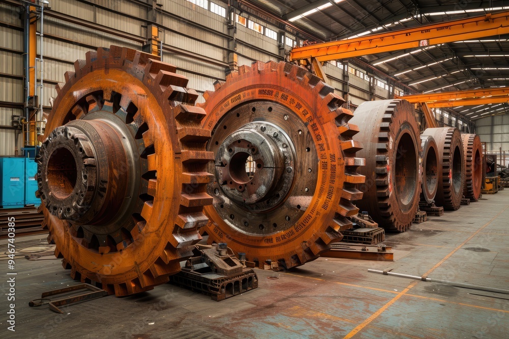 Large Industrial Gears in a Factory Setting Large Industrial Gears in a Factory Setting