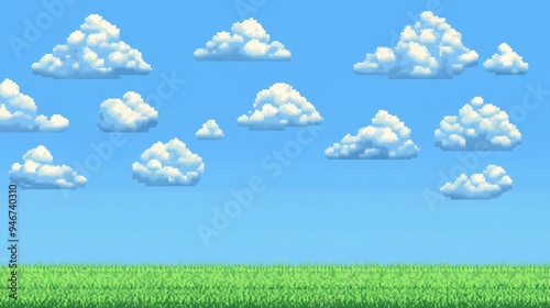 A blue sky with clouds and a green field below provide space for characters and text in this pixel art game background