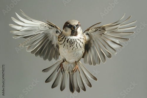 Majestic sparrow in flight with wings fully spread against gray background