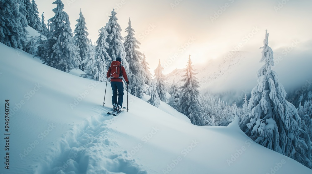 A skier navigating a snowy landscape during sunset in a serene mountain setting A skier navigating a snowy landscape during sunset in a serene mountain setting