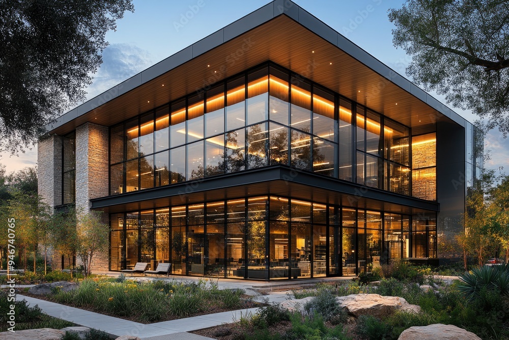Modern Glass and Stone Office Building with Landscaped Courtyard