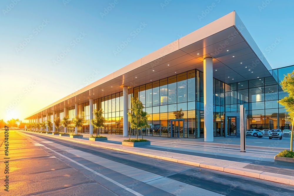 Modern Glass Building with Sunset Reflection Modern Glass Building with Sunset Reflection