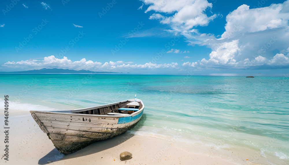 View of nice tropical beach with old boat