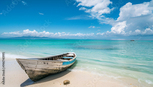 View of nice tropical beach with old boat