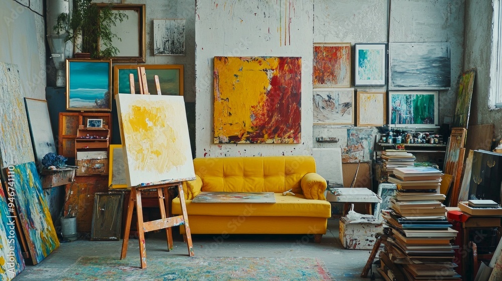 A vibrant art studio filled with color and creativity. The bright yellow couch adds warmth to the space. An easel stands ready for new creations. Perfect for art lovers. AI A vibrant art studio filled with color and creativity. The bright yellow couch adds warmth to the space. An easel stands ready for new creations. Perfect for art lovers. AI