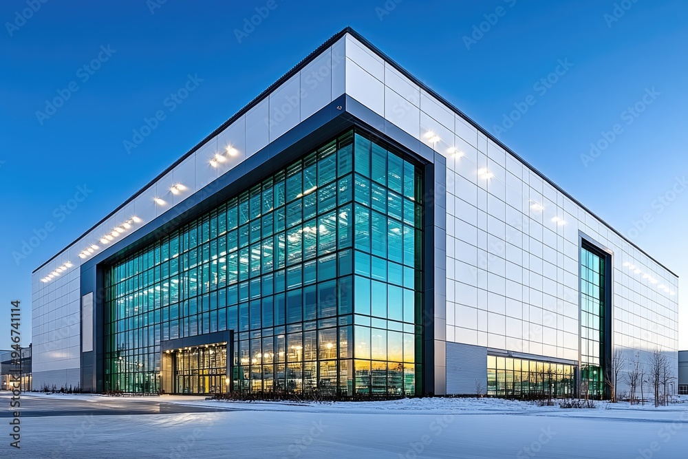 Modern Office Building with Glass Facade and Snowy Foreground Modern Office Building with Glass Facade and Snowy Foreground