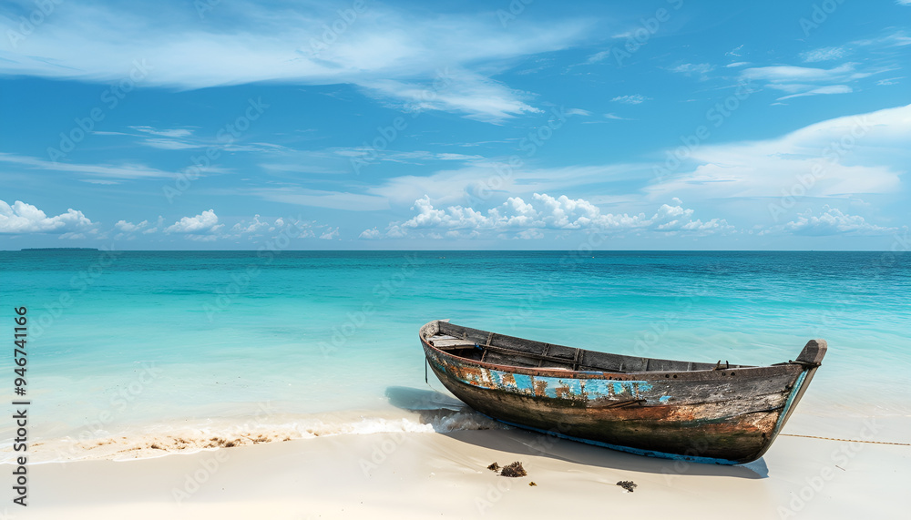 View of nice tropical beach with old boat View of nice tropical beach with old boat