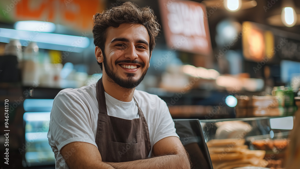 Middle Eastern Man Cashier - barista, man, smiling, apron, coffee shop, cafe, bakery, worker, business, food, drink, casual, counter, beard, young adult, shelving, shelf Middle Eastern Man Cashier - barista, man, smiling, apron, coffee shop, cafe, bakery, worker, business, food, drink, casual, counter, beard, young adult, shelving, shelf