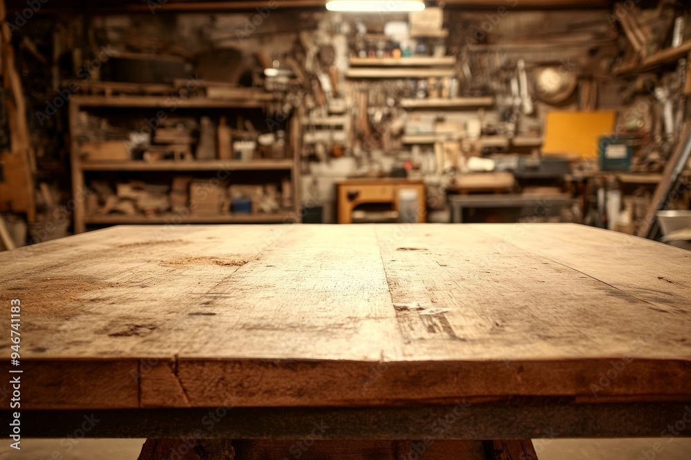 Carpenter's workshop in the background. Copy space. Carpenter's workshop in the background. Copy space.