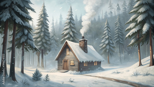 a ultra realistic detailed cozy cabin in the snowy forest photo