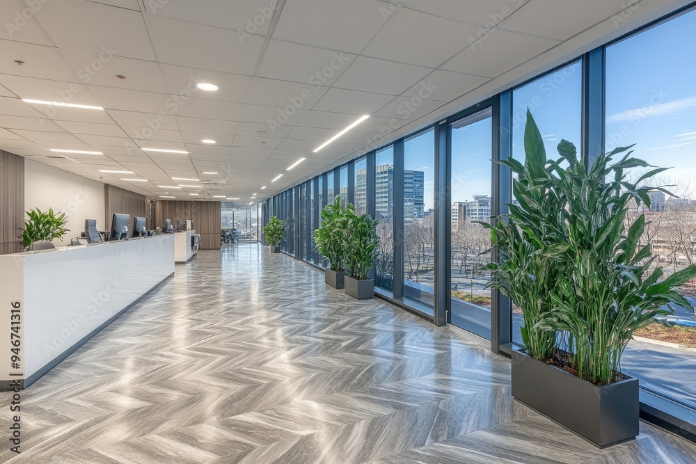 Modern Office Hallway with White Counter, Plants, and Windows Modern Office Hallway with White Counter, Plants, and Windows