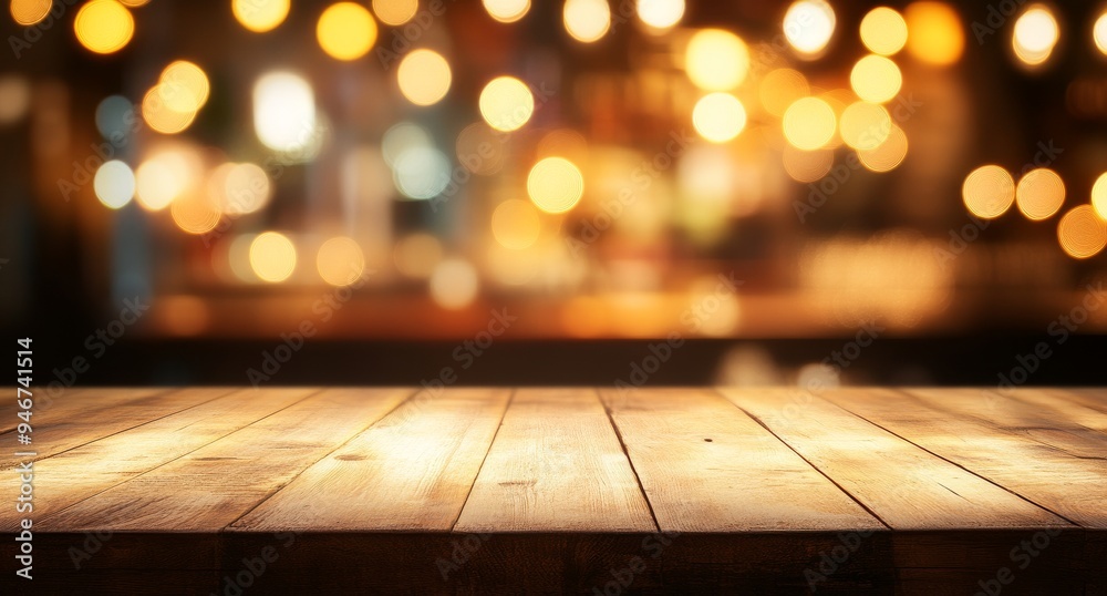 Background image of wood texture table top with light gold bokeh in a cafe or restaurant Background image of wood texture table top with light gold bokeh in a cafe or restaurant