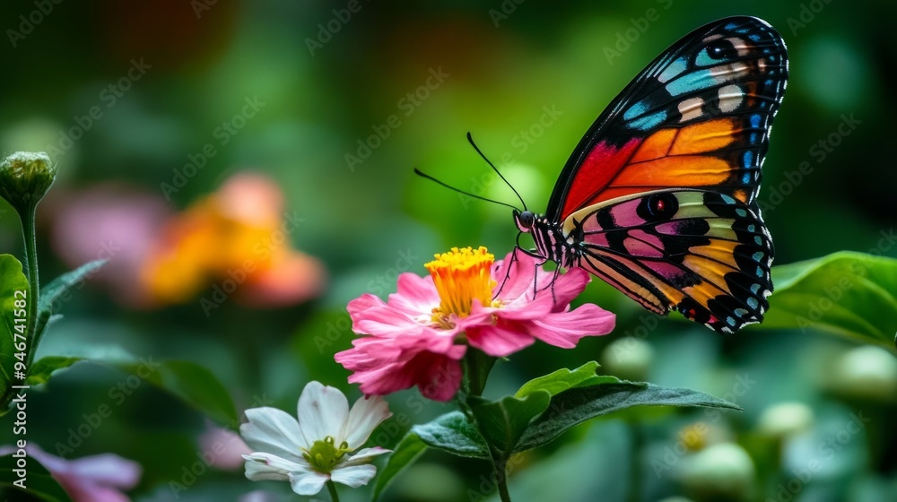 A vibrant butterfly is perched on a beautiful pink flower. The image captures the vivid colors of nature. Ideal for nature lovers and artistic projects. Stunning detail and brightness. AI A vibrant butterfly is perched on a beautiful pink flower. The image captures the vivid colors of nature. Ideal for nature lovers and artistic projects. Stunning detail and brightness. AI