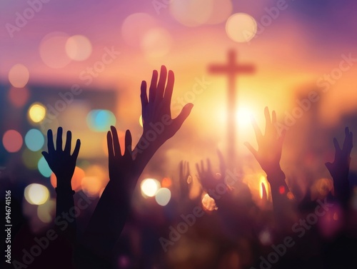 An image depicting human hands raising over a blurred cross is used as a worship concept