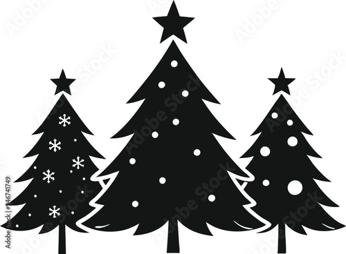 Christmas tree icons, silhouettes in black color. Vintage vector icons isolated on white background. Silhouettes of Christmas trees with a stars at the top. Big set for decoration.