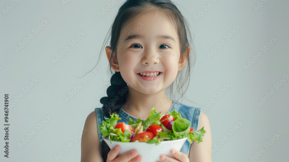 asian elementary school kid, baby girl love having organic vegetable salad in the bowl in school lunch time on plain white background asian elementary school kid, baby girl love having organic vegetable salad in the bowl in school lunch time on plain white background