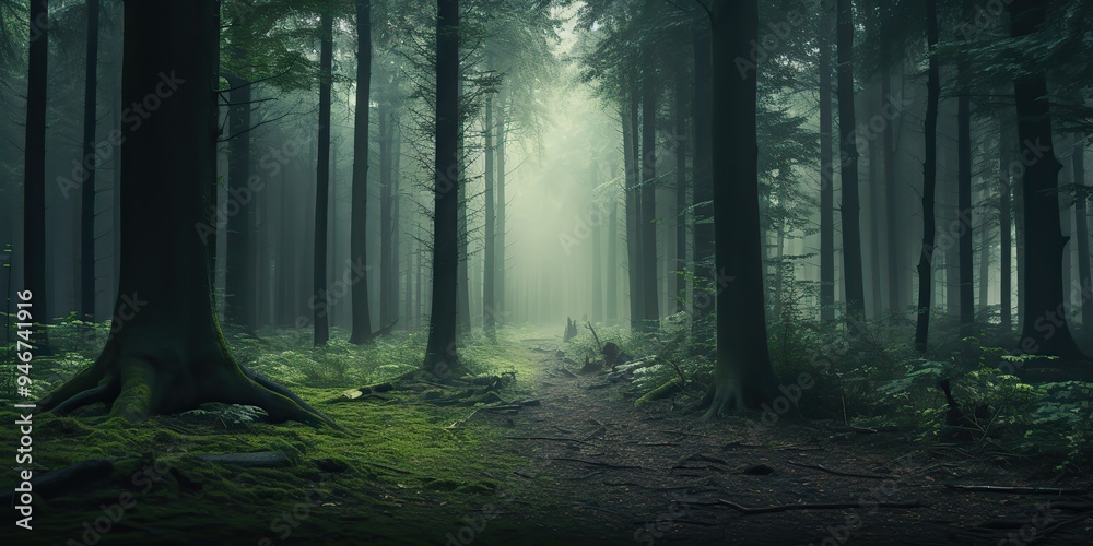 Obraz premium Misty fog forest path way with sun rays. Adventure explore travel scene view