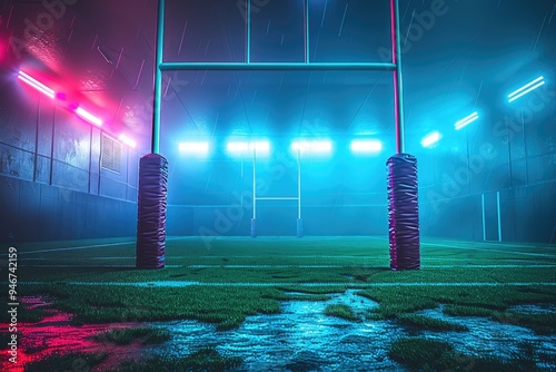 Neon-lit Rugby Goalposts on a Wet Field