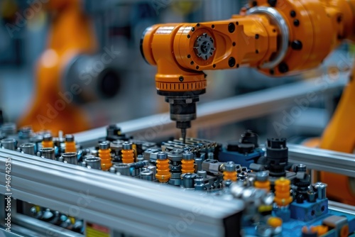 Orange Robotic Arm with Drill Bit Working on a Circuit Board