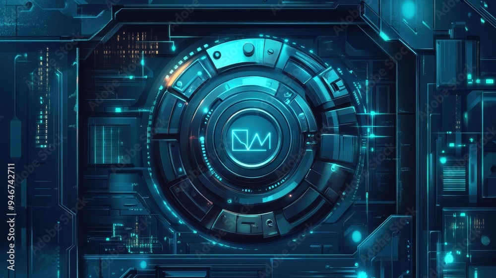 The design showcases a high-tech safe deposit box in vibrant blue hues, set within a digital environment filled with intricate circuitry