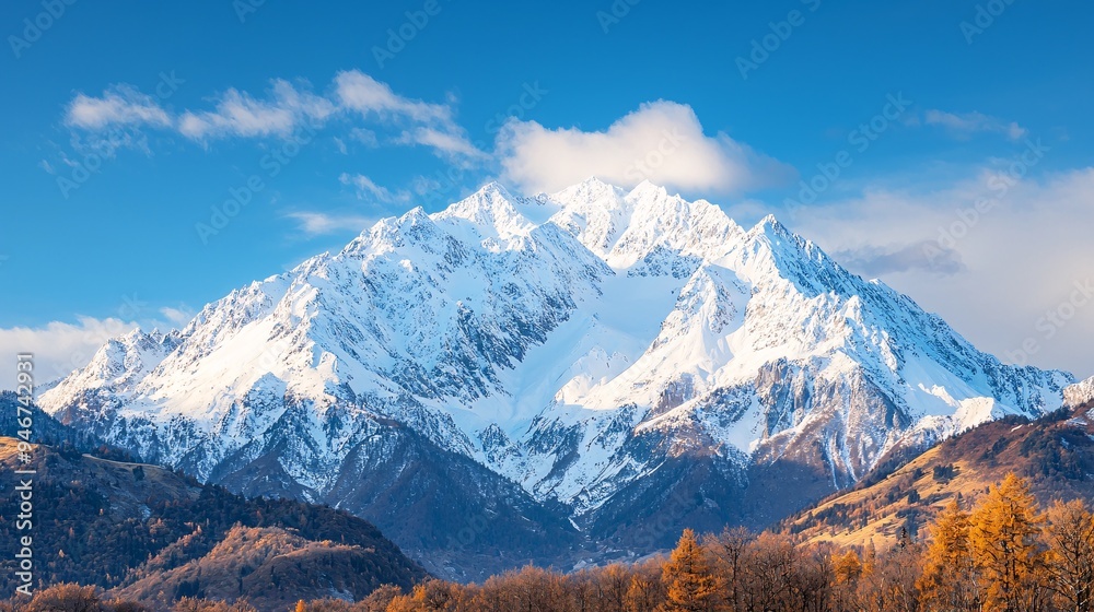 Majestic Snow-Capped Mountain Peak with Autumn Foliage. Majestic Snow-Capped Mountain Peak with Autumn Foliage.