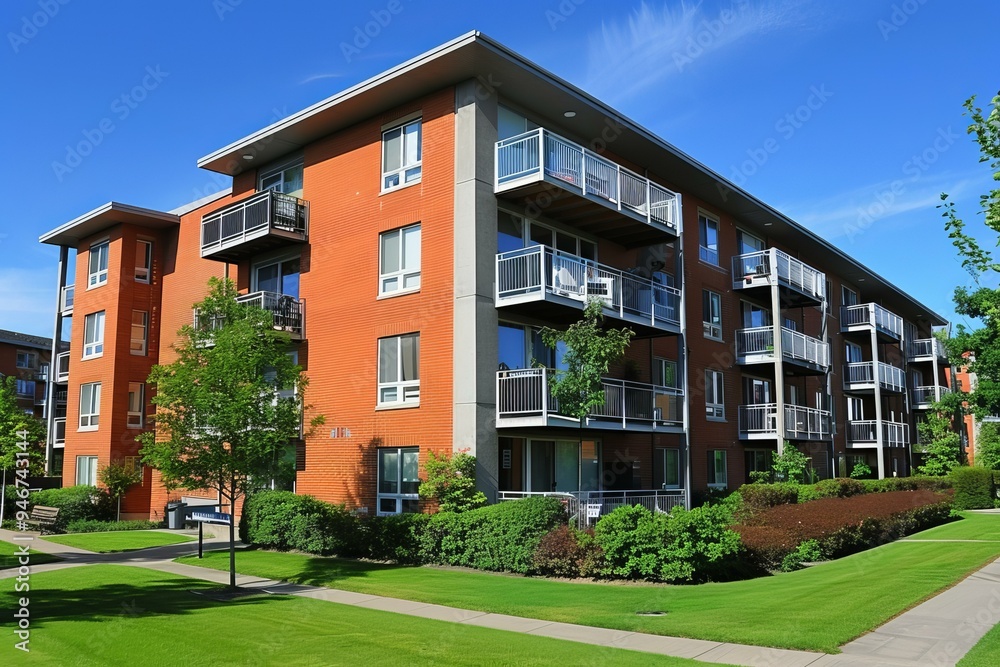 Modern orange apartment building with balconies is shining in the summer sun Modern orange apartment building with balconies is shining in the summer sun