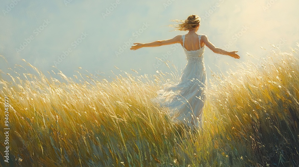 A peaceful moment of a woman standing barefoot in a grassy field, arms outstretched, feeling the wind and the warmth of the sun A peaceful moment of a woman standing barefoot in a grassy field, arms outstretched, feeling the wind and the warmth of the sun