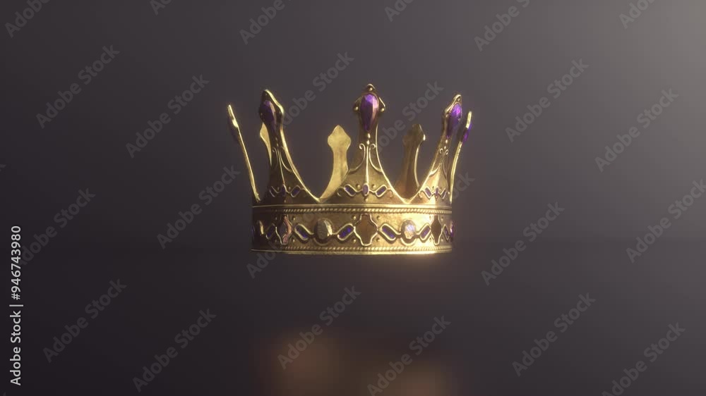 Fabulous golden crown rotating on a dark background. Symbol of monarchy