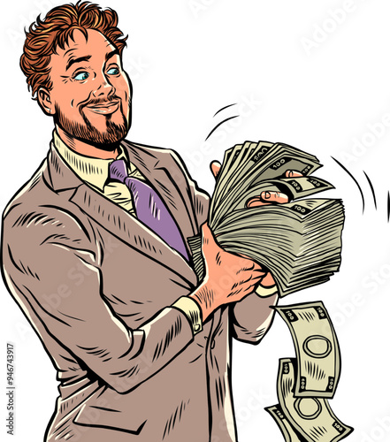 The richest people in the whole world. A man in a suit is counting a lot of money. Investments in business later pay off with interest. Pop Art Retro