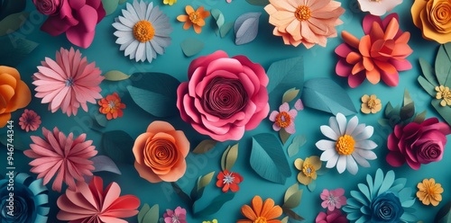 A colourful mosaic background of abstract floral paper cuts