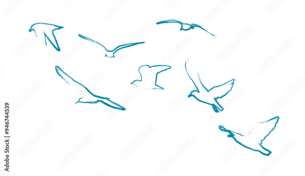 Abstract flying blue birds. . Doves of peace. hand drawing. Not AI. Vector illustration Abstract flying blue birds. . Doves of peace. hand drawing. Not AI. Vector illustration