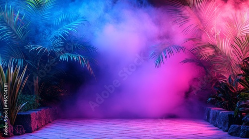Retro illustration of a tropical background in neon light
